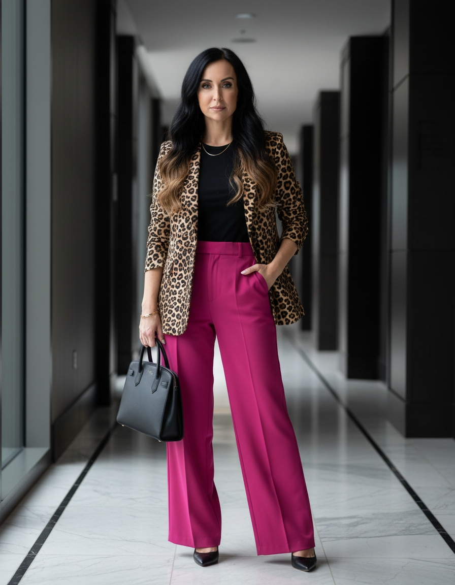 Boss Suite — leopard blazer, hot pink trousers