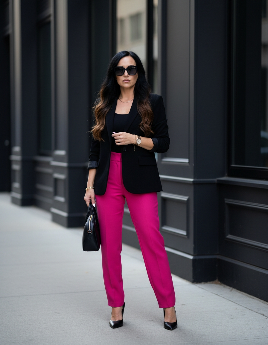 Boss Suite — woman in black blazer and hot pink trousers on the street